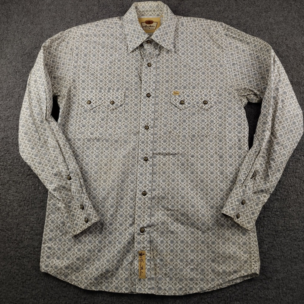 Larry Mahan Shirt Mens Small White Geometric Pearl Snap Sawtooth Cowboy